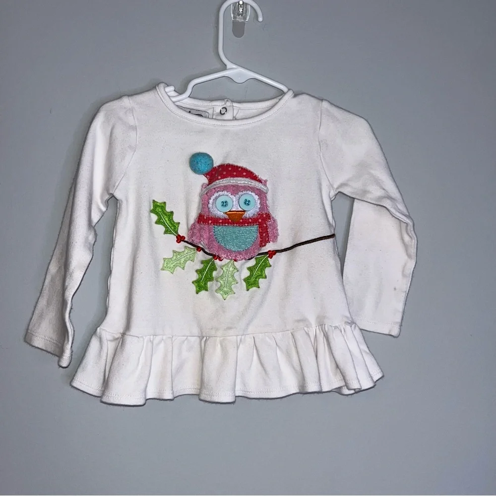 Mud Pie White Long Sleeve Shirt with Festive Owl